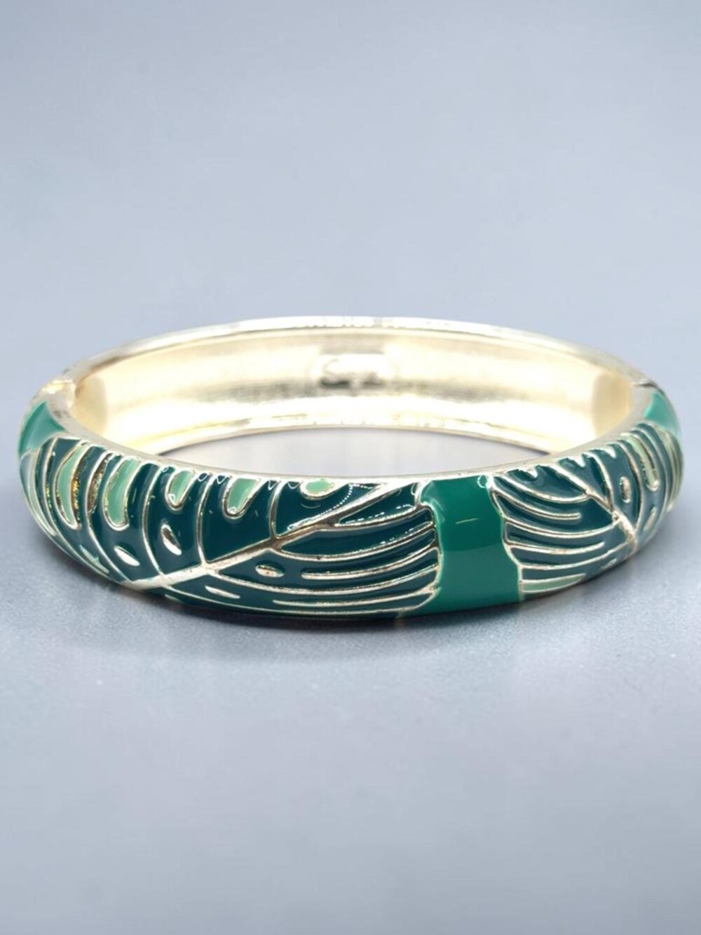Sequin Silver-Tone and Green Enamel Hinged Bangle Bracelet